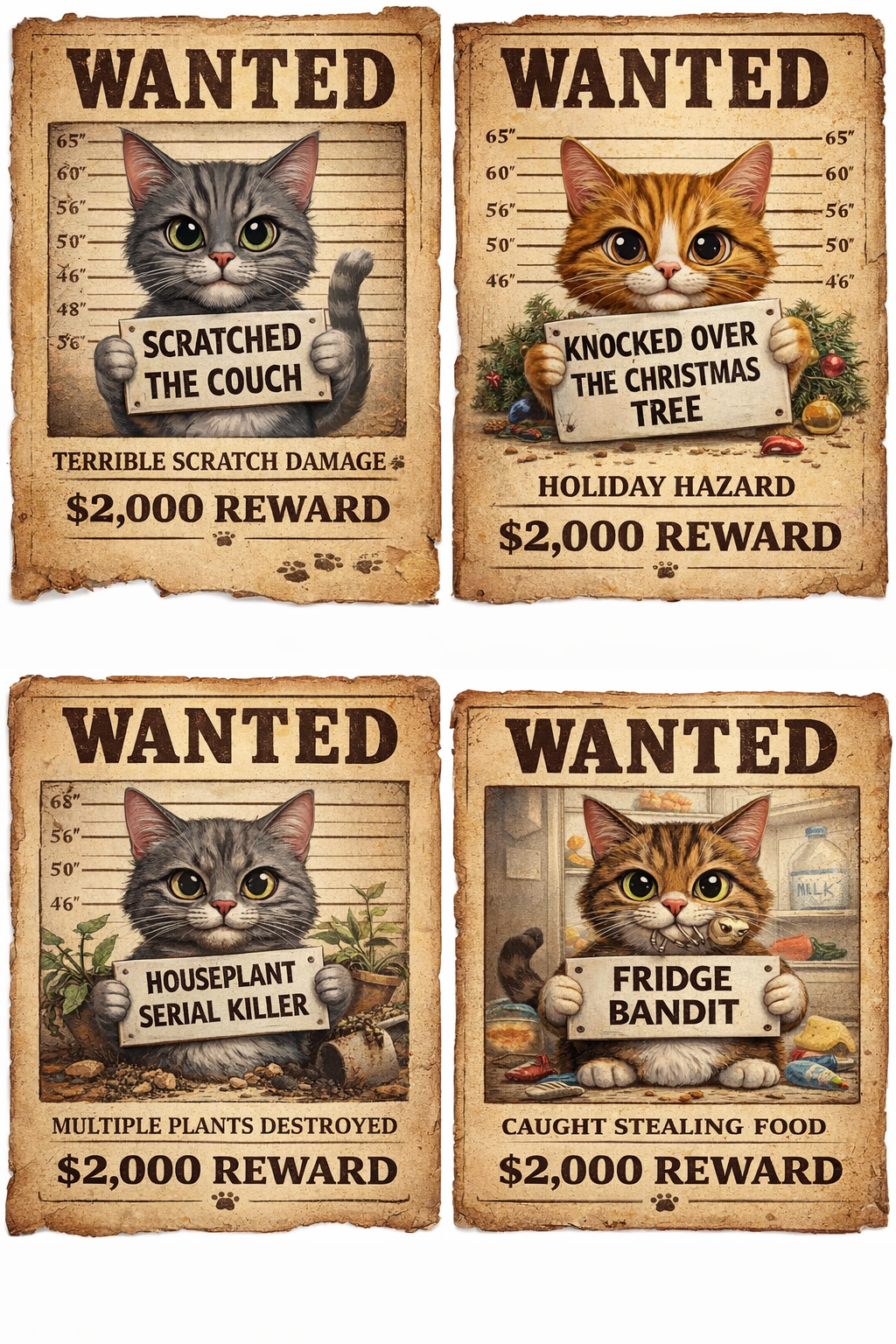 Cat Mug Shots Wanted Poster Prints — Scratched The Couch, Knocked Over The Christmas Tree, Houseplant Serial Killer, Fridge Bandit