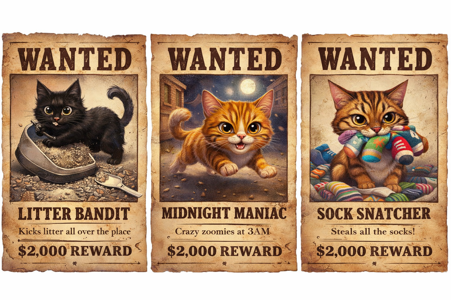 Cat Mug Shots Wanted Poster Prints — Litter Bandit, Midnight Maniac, Sock Snatcher